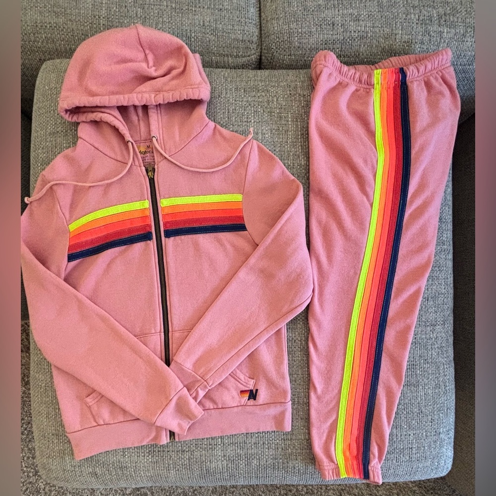 Aviator Nation 🌈 Pink Neon Stripe Zip Hoodie (M) & Sweatpants (XS) Set